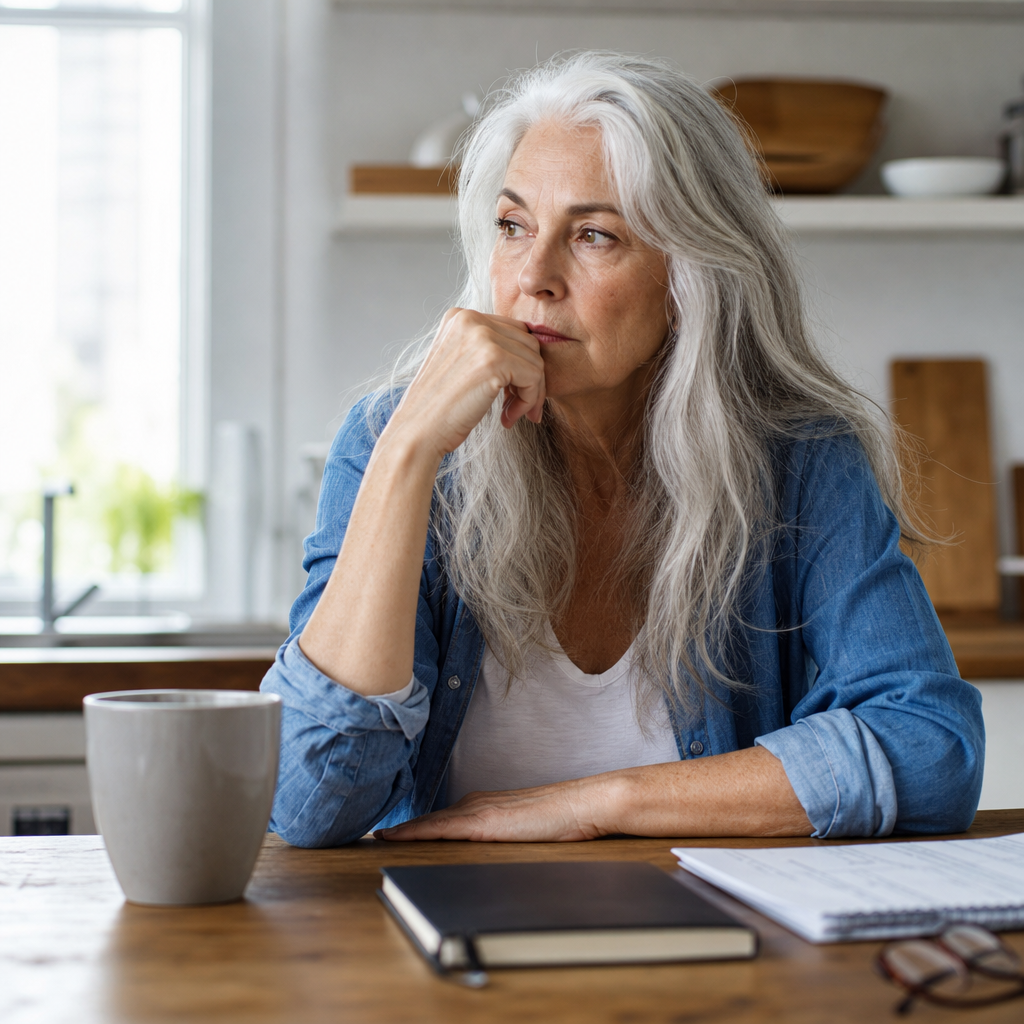 Thoughtful older woman reflecting calmly at a kitchen table
