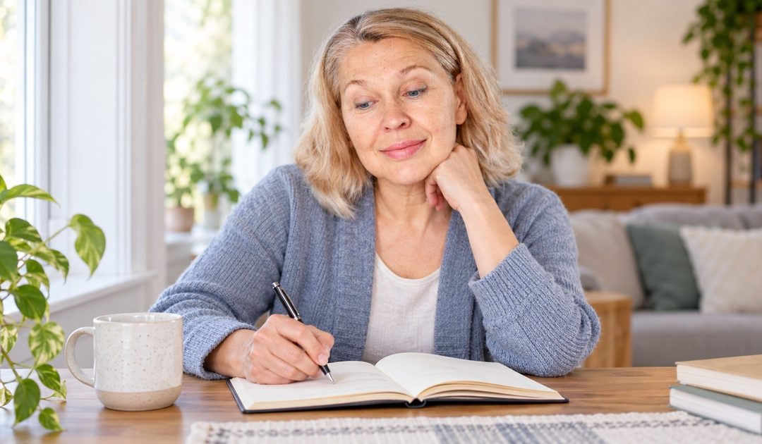 A woman reflects on an open journal at a bright living-room table.